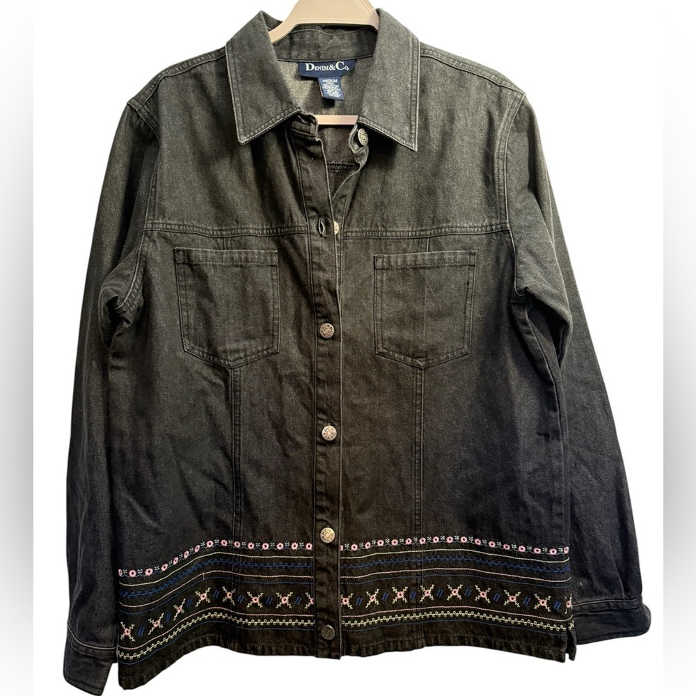 Denim&Co Women's Dark Gray Embroidered Jean Jacket